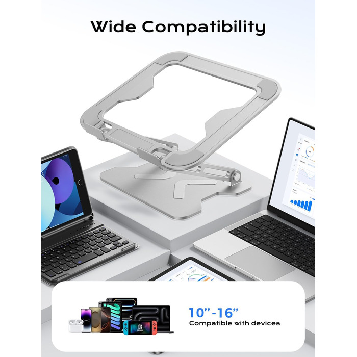 Adjustable Laptop Stand for Desk - Portable Aluminum Laptop Riser - Fits HP 10-16 Inch Laptops (Silver)