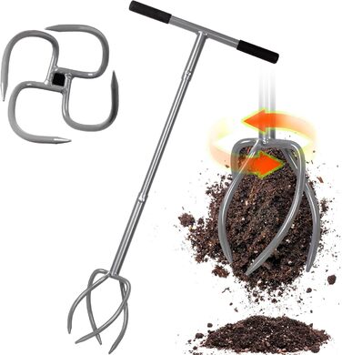 Walensee Garden Claw with 4 Tines Cultivator, Earth Claw and Handle. Gardenclaw Twist Tiller, Aerator and Weed Remover all in one device. Height adjustable garden cultivator for raised garden beds.