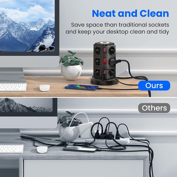 Багаторозеткова станція Acodot Tower з USB, 12 розеток, захист від перенапруги, 4 вимикачі, нічник, 3 USB-порти, кабель 3м, 2500W, для офісу, білий/чорний