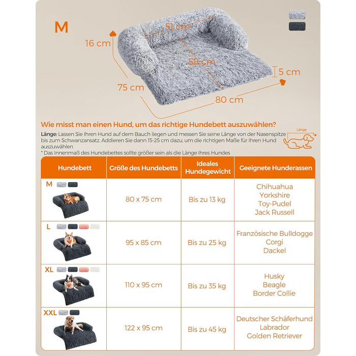 Feandrea м'яке ліжко для собак FluffyHug, диван-подушка, захист дивану, розмір M, для маленьких та середніх собак, 80 x 75 x 16 см, Ombré-Сірий