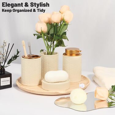Набір аксесуарів для ванної кімнати з кераміки, 4 шт. (дозатор для миючого засобу, тримач для зубних щіток, органайзер для косметики, склянка), сучасний декор для ванної, бежевий