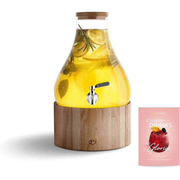 SPRINGLANE Glass Drink Dispenser 5.5 L Gloria with Stainless Steel Tap & Oak Wood Stand, Soda Dispenser, Vintage Design Mason Jar