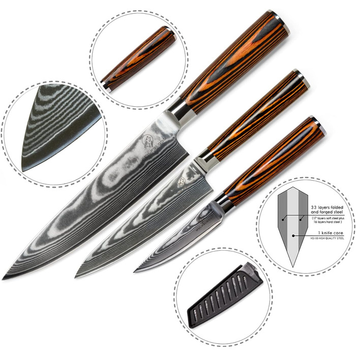 Набір кухонних ножів Wolfblood Damast 3 шт (32/26/20 см) з дамаської сталі 67 шарів, твердість 62 HRC, сертифіковано TÜV + чохол та подарункова коробка