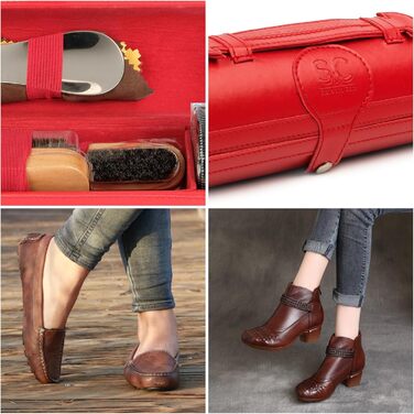 Stone & Clark 12-Piece Shoe Cream & Leather Care Set with Brown Wax, Shoe Brushes for Polishing, Compact Shoe Shine Kit with Horsehair Brushes & PU (Case: Hot Red)