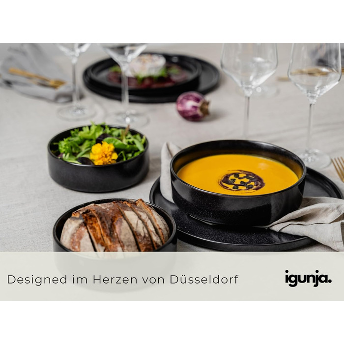 Igunga Stoneware Dinnerware Set - 12 Piece Service for 4 | Reactive Glaze, Matte Black & Glossy Interior Bowls | Premium Handcrafted Tableware