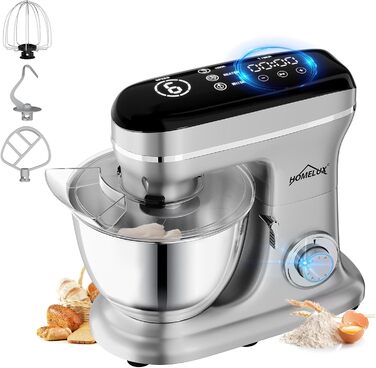 Кухонна машина HOMELUX 1800W з чашею 8 л з нержавіючої сталі, 6 швидкостей, LED-дисплей, насадки для замішування, збивання та нарізки, сіра