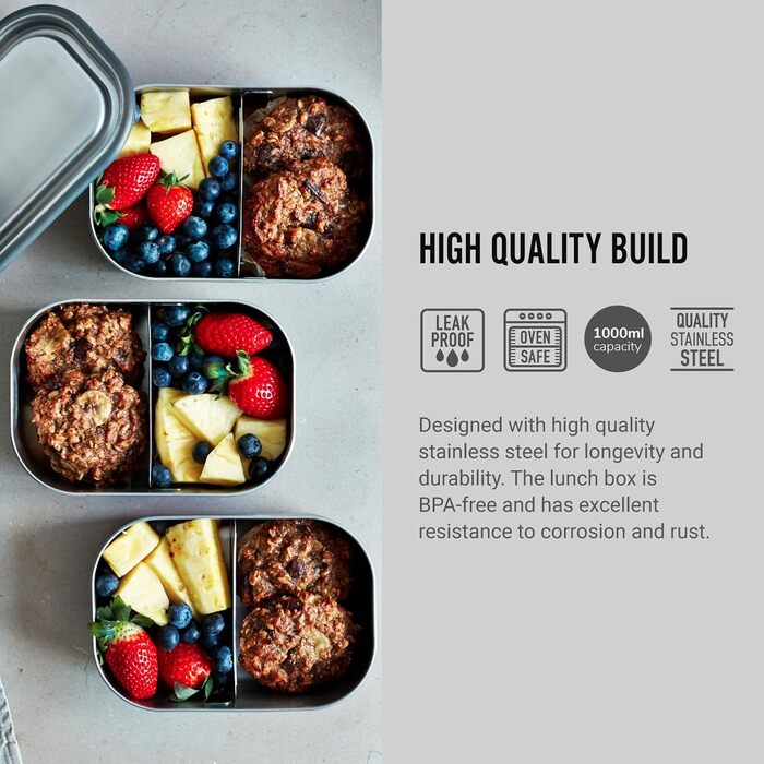 Ланчбокс BLACK+BLUM 1 л з нержавіючої сталі, вакуумний, герметичний, з гофелем, силіконовим ремінцем і роздільником, для духовки та морозильної камери, океанічний колір, 20x14x6 см, контейнер для їжі з відділеннями