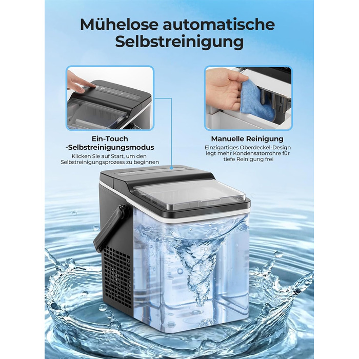 Машина для приготування льоду FOHERE з ручкою, 14 кг/24 год, 9 кубиків льоду за 5 хвилин, 2 розміри, самоочищення, портативна з лопаткою та кошиком – ідеальна для дому, кухні, офісу, кемпінгу, вечірки, RV