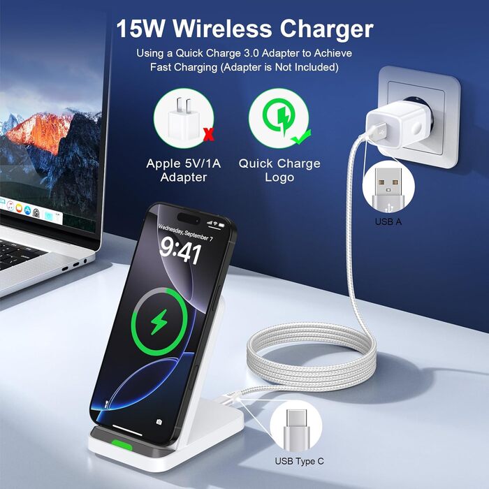 Бездротовий зарядний стан 15W для Samsung Galaxy S25/S24/S23/S22/S21 FE та iPhone 16/15/14, Google Pixel 9/8/7/6 (білий)