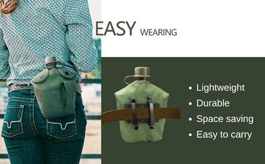 Military Mess Kit, Aluminum Cup Set with Lid and Folding Stainless Steel Spoon/Fork for Hiking Camping, 1 Quart Green