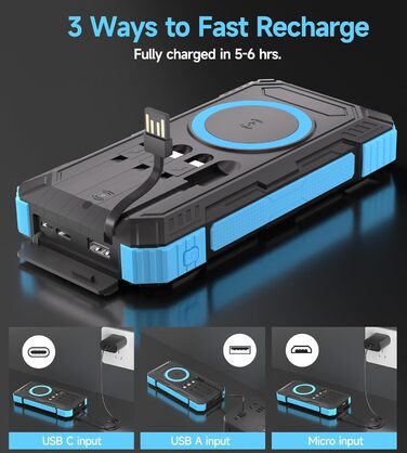 Портативний зарядний пристрій Solar Powerbank 56800mAh з бездротовою зарядкою, 30W PD, 6 виходів, ліхтарик, для кемпінгу та подорожей (Синій)