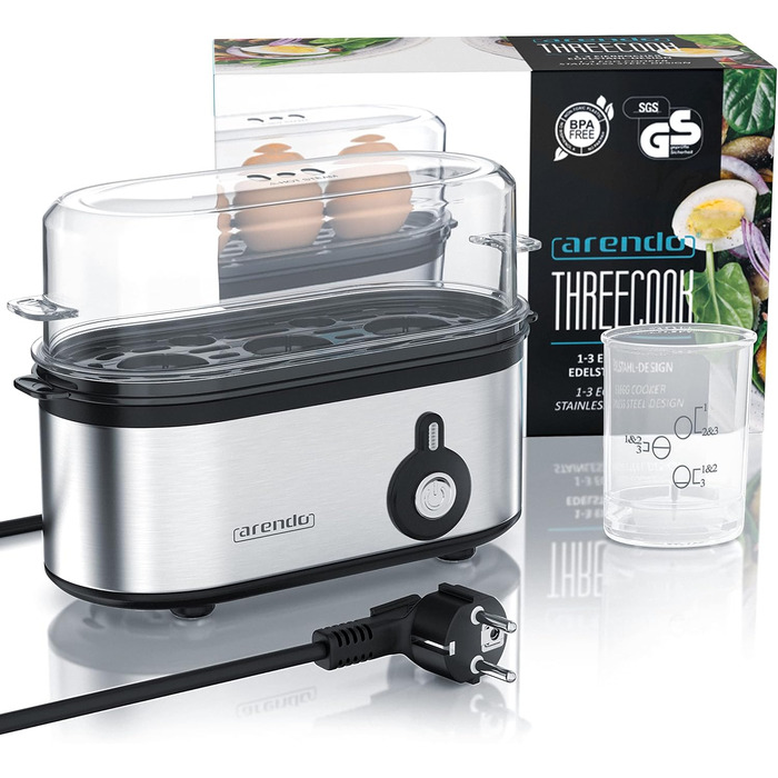 Електричний яйцеварка Arendo Threecook з нержавіючої сталі - 1-3 яйця, регулювання ступеня готовності, безпечний, BPA-free