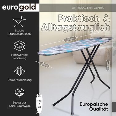 Прасувальна дошка EUROGOLD для парогенератора 120x38 см з регулюванням висоти, з відбиваючим покриттям, стабільна та компактна, Made in Europe, Lagune