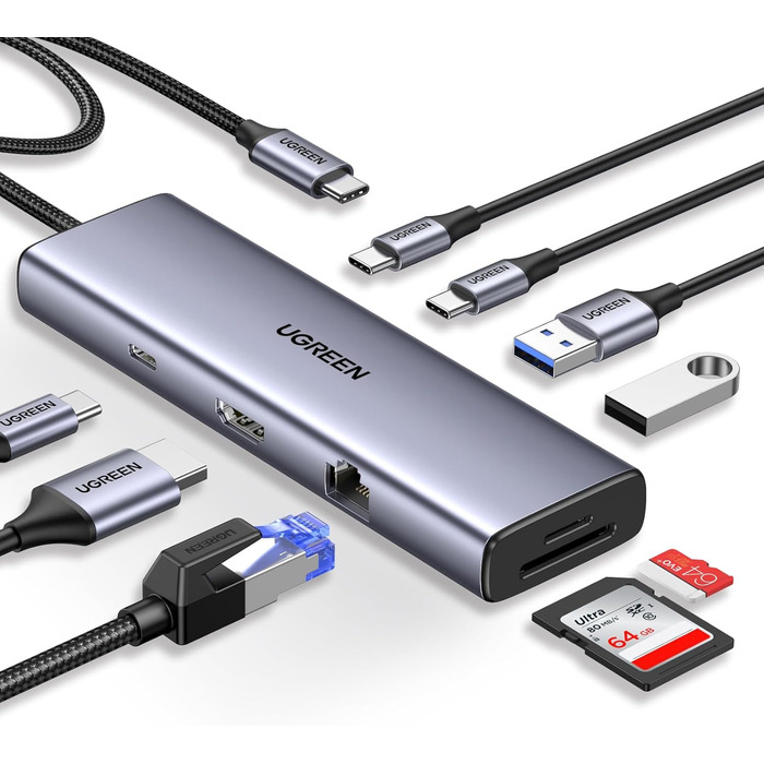 Хаб UGREEN Revodok 109 USB-C з HDMI 4K 60Hz, PD 100W, Gigabit Ethernet, SD/TF, 2xUSB-C, 2xUSB-A - сумісний з iPhone, MacBook, iPad, Surface, Galaxy