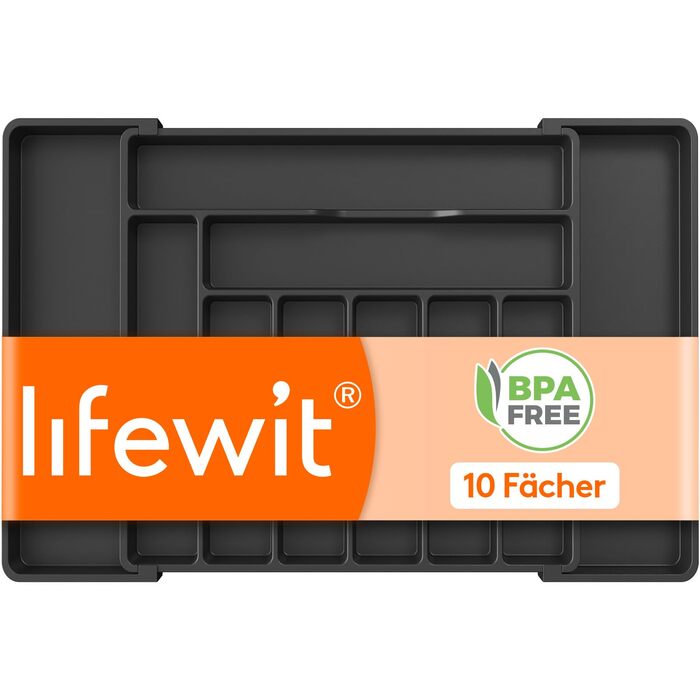 Органайзер для столових приборів Lifewit в шухляду, регульований, чорний (33-57 см x 38 см x 5 см)