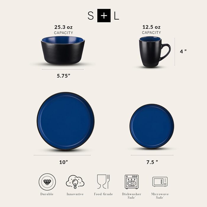 Набір посуду Stone Lain Albie Steinzeug 16 шт. (32 шт. на 8 осіб) – сучасний сервіз, рожевий, синій, чорний