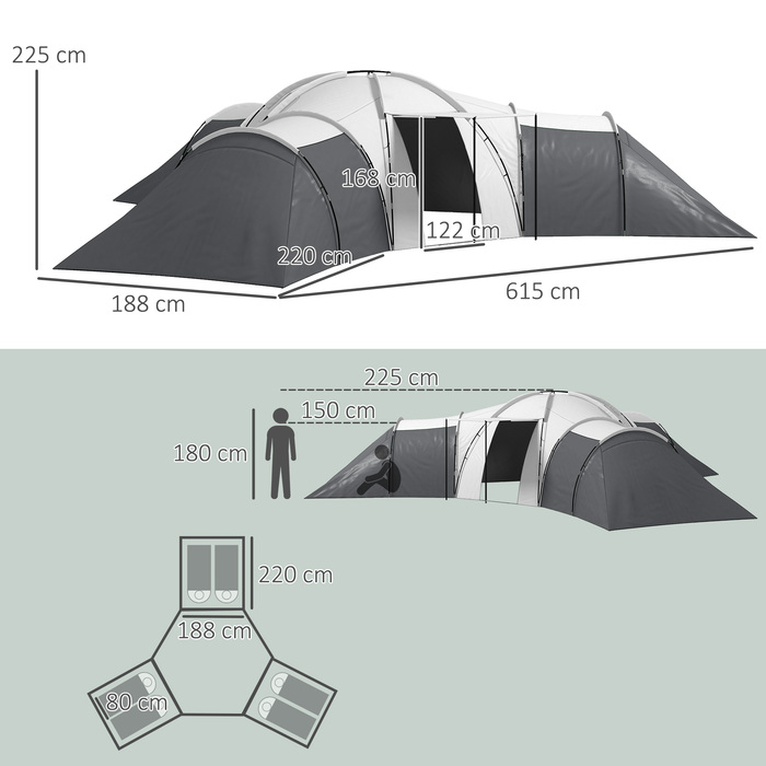 Намет Outsunny Tunnelzelt Campingzelt для 6-9 осіб з 3 спальнями, вітальнею та верандою, водовідштовхування 2000 мм, сірий