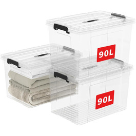 Cetomo 90L*3 Storage Boxes, Portable Plastic Boxes with Lids, Organizer Containers with Handles and Clips, Stackable, Nestable, for Home and Office, Transparent, 90L - 3 Pack