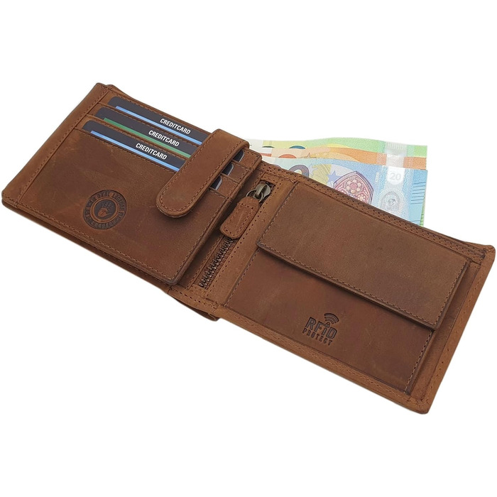 myledershop Genuine Buffalo Leather Wallet/Bifold Wallet/Card Holder/Money Bag in Portrait or Landscape Format with Wolf Design and RFID & NFC Protection (Model 2 / Landscape/Cognac)