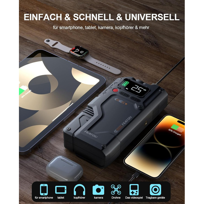 Powerbank для автомобіля Starthilfe з компресором 150PSI, 6000A, 12V, для бензинових та дизельних авто (до 10л), QC3.0, LCD, ліхтарик