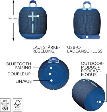 Портативна Bluetooth колонка Ultimate Ears WONDERBOOM 4 (Синій) - Водонепроникна, пилозахищена, з радіусом дії 40м та об'ємним звуком 360°