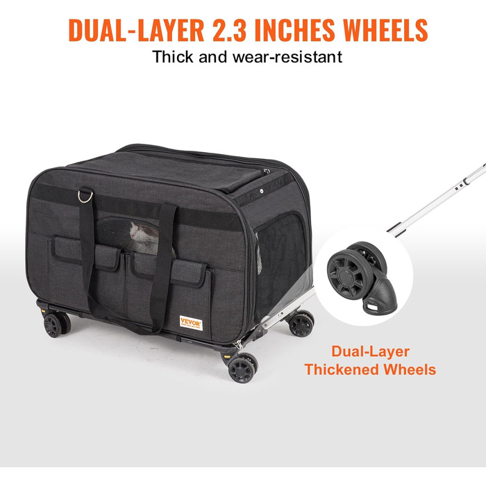 Тролей для собак VEVOR, 15.8 кг, чорний: зручний рюкзак-переноска для тварин з 4 колесами та кишенями для аксесуарів. Ідеально для подорожей та прогулянок.