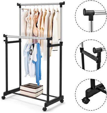 COSTWAY Clothes Rack with 2 Height-Adjustable Clothes Rods, Coat Rack on Wheels, Rolling Wardrobe, Clothes Cart, Stable Clothes Rack, 86 x 43 x 94-168cm, Black