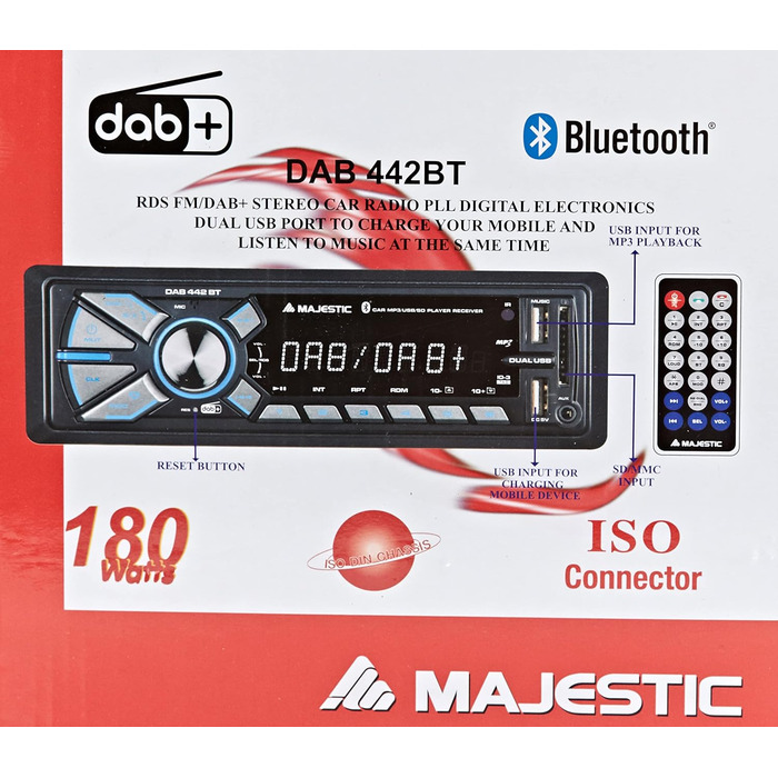 Автомагнітола Majestic DAB-442 BT з Bluetooth, DAB+ радіо, RDS, Dual-USB, SD/AUX, 180Вт (45Вт x 4), чорна