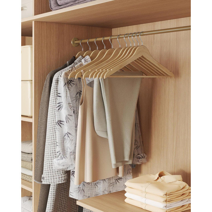 Плечики для одягу SONGMICS з дерева, набір 20 шт., дерев'яні тонкі плечики, для сорочок, жакеток та штанів, з вирізами для плечей, 360° обертовий гачок, береза, білий, CRW0W02