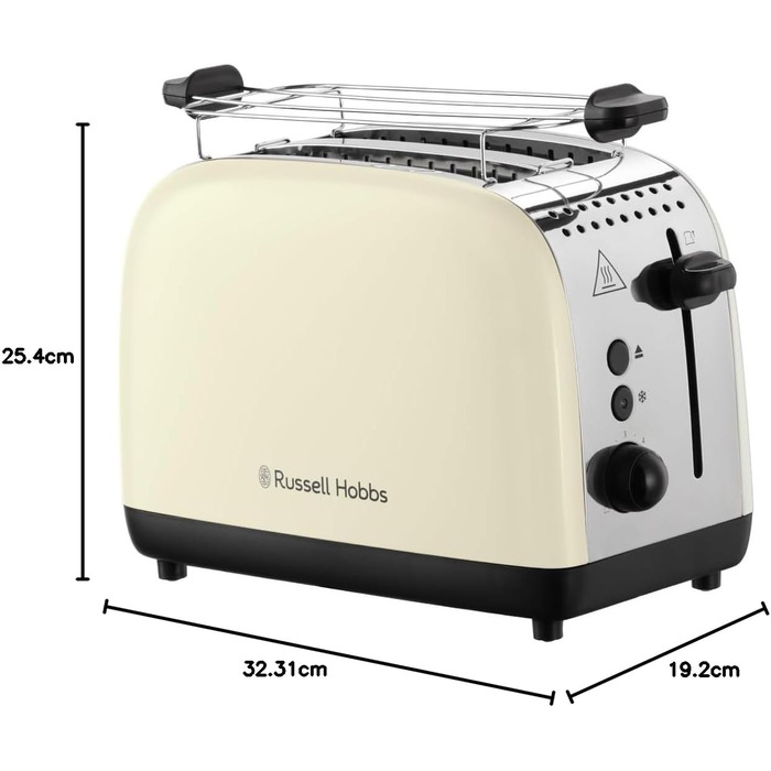 Тостер Russell Hobbs Colours Plus, 2 скибки, нержавіюча сталь, кремовий, широкі відсіки, підставка для булочок, 6 режимів підсмажування, функція розморожування, Lift & Look, 1600 Вт