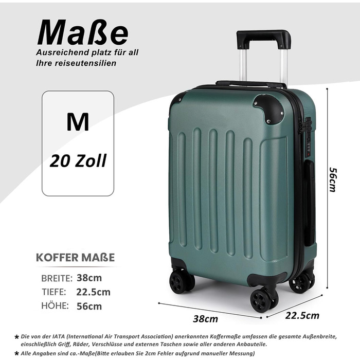 Валіза ручної поклажі TANTOMI: жорсткий корпус, телескопічна ручка, кодовий замок, для подорожей та ділових поїздок, світло-зелений колір