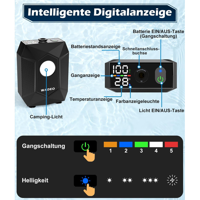 Портативна душова кабіна WADEO з акумулятором, насосом та підсвічуванням, 120 хвилин роботи, LED-підсвічування, комплект мобільної душової з 2м шлангом, душовою насадкою, тримачем та відром для душу, для саду, миття авто, тварин, пляжу, подорожей, чорного