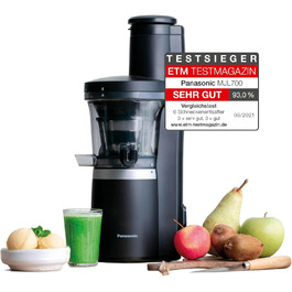 Panasonic Slow Juicer MJ-L700KXE, electric fruit press, juicing whole fruits and vegetables, 75mm opening, sleek design, safe and practical, Black, Matte Black Single