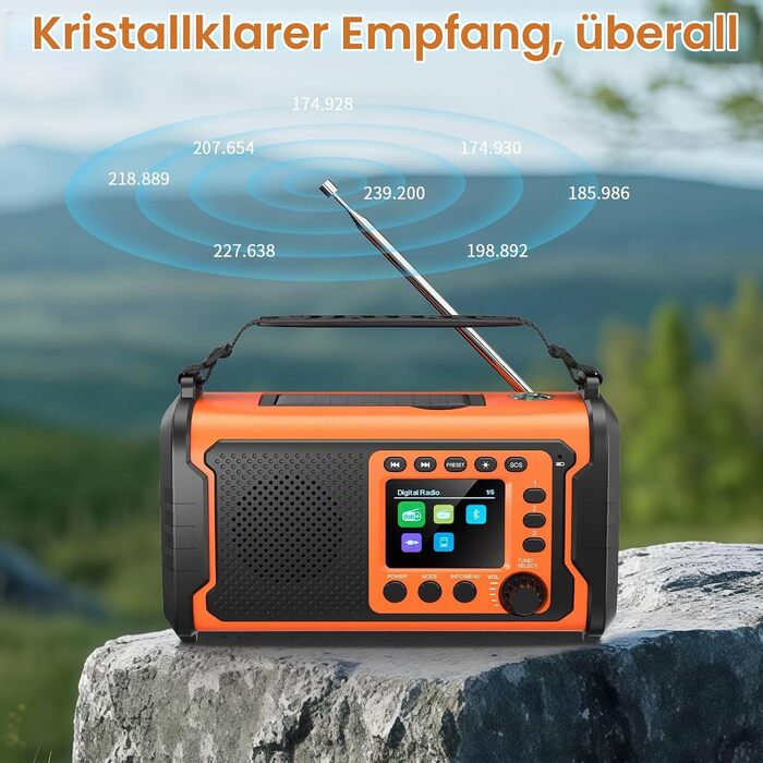 Радіоприймач DAB/DAB+ для екстрених ситуацій з акумулятором 27000mAh, сонячною панеллю, ручним динамо-генератором та Bluetooth, помаранчевий