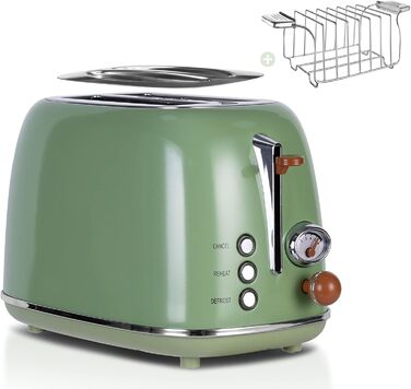 Wiltal Retro 2-Slice Toaster with 6 Adjustable Browning Levels, Stainless Steel with high-quality bread roll attachment. Warming, defrosting, and cancel function, countdown display, quick-toast technology (green)