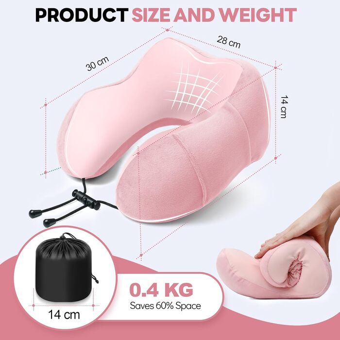 Подушка для шиї у літак - подушка для подорожей Memory Foam, ергономічна форма - подушка для шиї з маскою для сну, навушниками, сумкою - ідеальна для літака, подорожей, офісу, дому Рожева