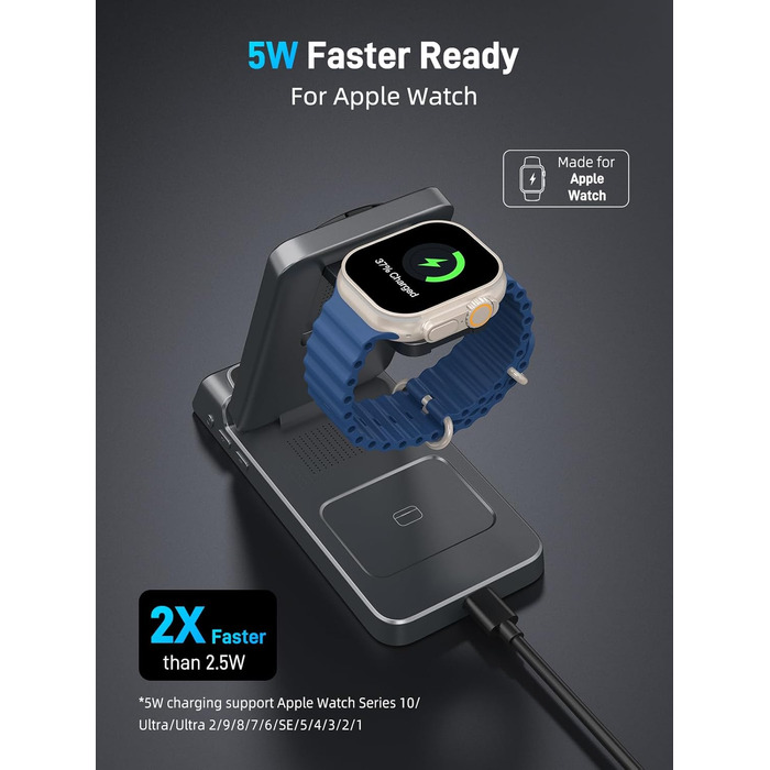 Зарядна станція 3-в-1 бездротова для iPhone, Apple Watch, AirPods, з годинником, для подорожей