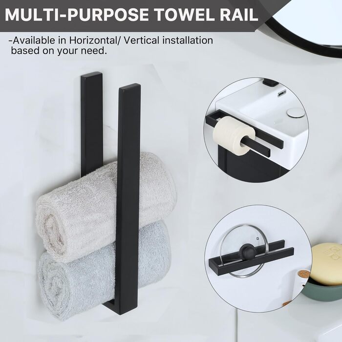 Тримач для рушників SAYAYO без свердління, 30 см, чорний, нержавіюча сталь, самоклеючий, для ванної кімнати та кухні