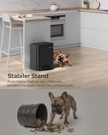 Відро для сміття SONGMICS 20 л з кришкою, з педаллю, нержавіюча сталь, Soft-Close, з внутрішнім відром, антиковзне педаль, хмарно-білий LTB542W02 (Чорний)