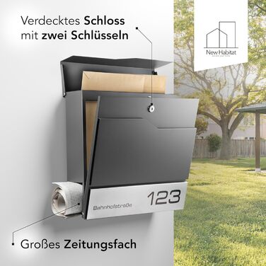 Поштовий ящик настінний Modern Manhattan антрацит RAL 7016 з газетницею та гравіюванням (Ім'я, номер будинку) - нержавіюча сталь, стійкий до УФ-випромінювання
