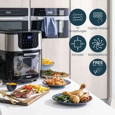 Princess Aerofryer Oven Deluxe - 11 Liter Capacity; 1800W; 65-200°C; 10 Programs; incl. Rotating Basket, Rotisserie Spit, 3 Baking Sheets, Crumb Tray, Handle, 182075, Black/Silver REGULAR 11L