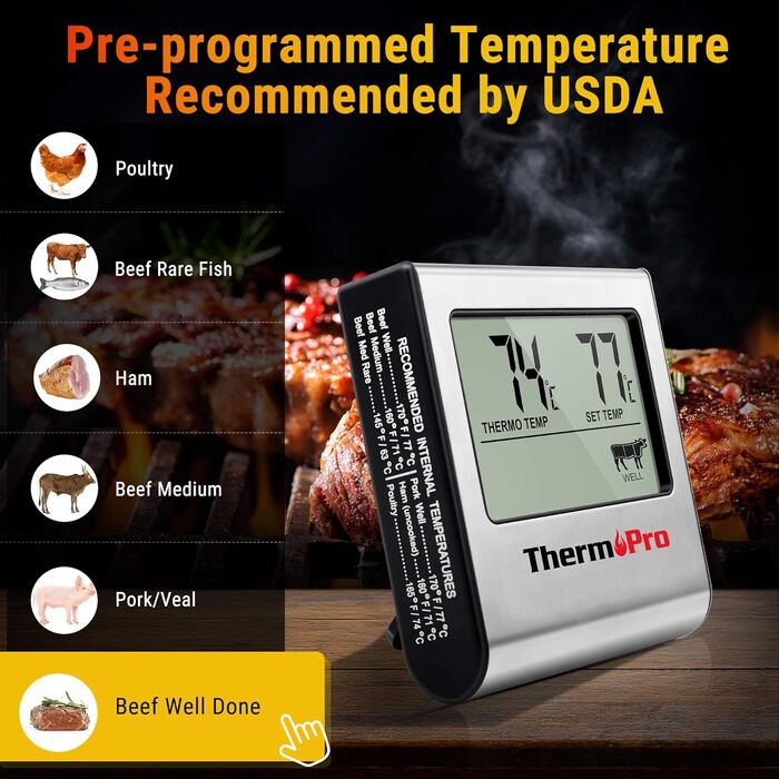 Термометр для м'яса ThermoPro TP16: цифровий, з таймером, для приготування на грилі, мангалі, духовій шафі