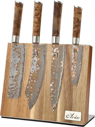 Magnetic knife block made of solid acacia wood, 3.80 cm thick, with a stainless steel base, magnetic knife holder for up to 6 knives, wooden knife storage, kitchen knife block without knives