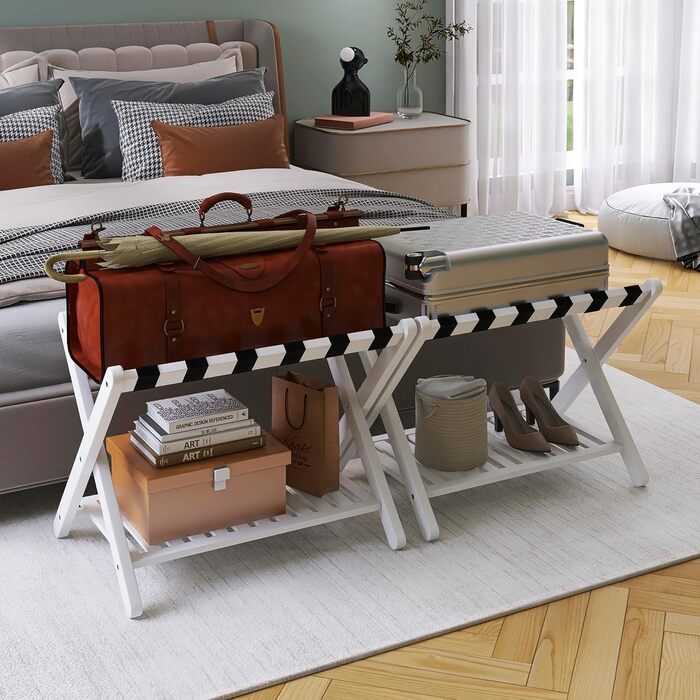 SMIBUY Luggage Rack, 2-Pack, Foldable Bamboo Suitcase Stand with Shelf for Guest Room, Bedroom, Hotel, Heavy-Duty (White)