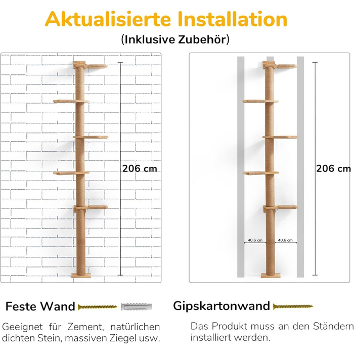 Kratzbaum, 5-story cat tree reaching the ceiling (206 cm), wall-mounted cat tree, made of natural rubber wood, for cats to climb, scratch, look out, and play.
