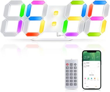 EDUP HOME 3D LED Alarm Clock Digital, 9.7 Inch 7 Colors Silent Snooze USB 12/24 Hour Date Temperature with RGB, APP Control and Remote Control Clock for Bedroom/Living Room/Office