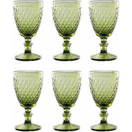Vintage Set of 6 Colored Glasses and Tumblers with Diamond Pattern (Netz Green Wine Glass), Long Drink Glasses, Cocktail Glasses with Embossing, Glass, Tumbler, Wine Glass, Water Glass, Goblets