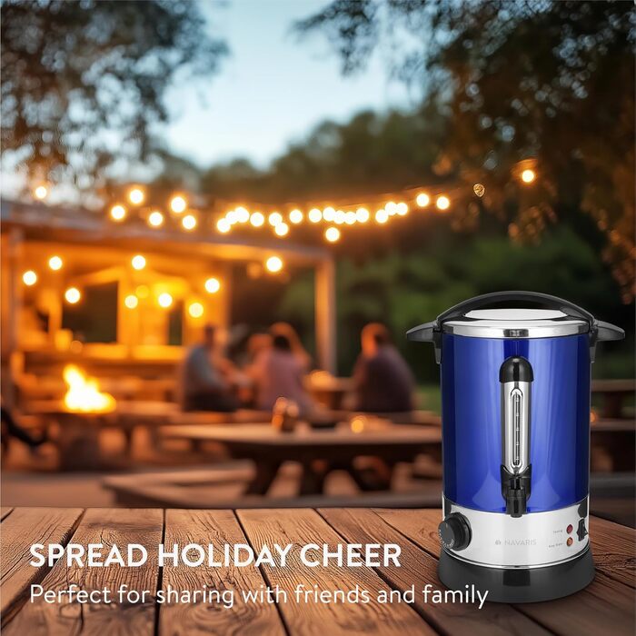 Navaris Mulled Wine Warmer/Hot Water Dispenser - Stainless Steel - with Thermostat, Level Indicator, and Tap - Mulled Wine/Hot Beverage Dispenser (6.8L, Blue)