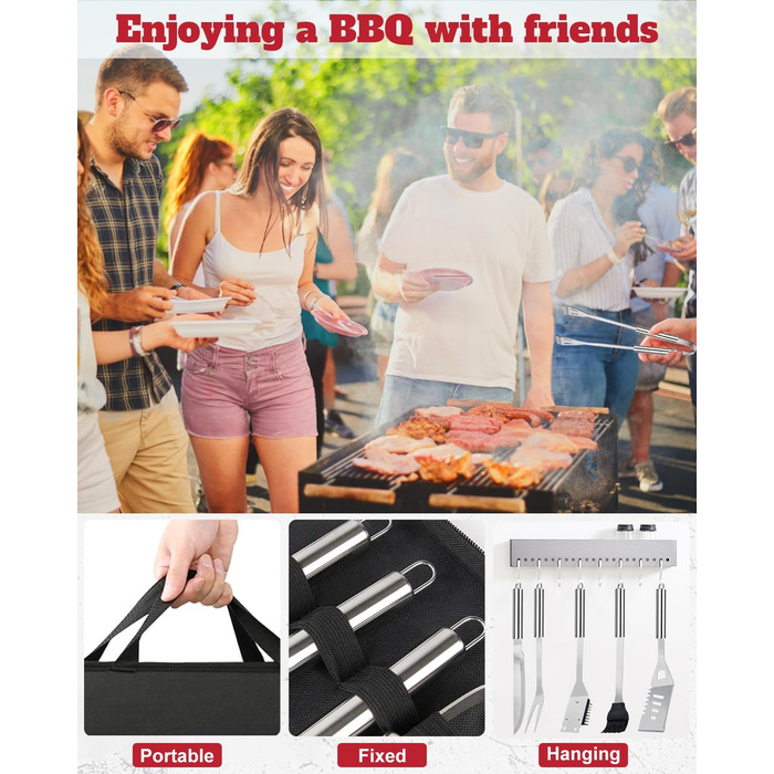 Набір гриль-посуду 11 предметів, 34 см, нержавіюча сталь. Комплектація: щипці, виделка, кейс. Практичний багатофункціональний набір для барбекю, подарунок для чоловіків (срібний)