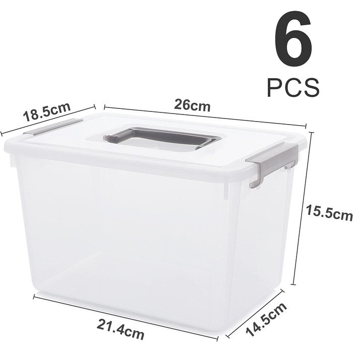 Citylife 6-Piece Storage Box Set, 5L Capacity with Lid and Closure Clips, Handle, Stackable, Transparent Box, for Living Room, Bedroom, Garage, 21.4 * 14.5 * 15.5cm